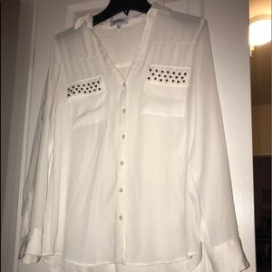 Express gold pocket studded sheer white blouse